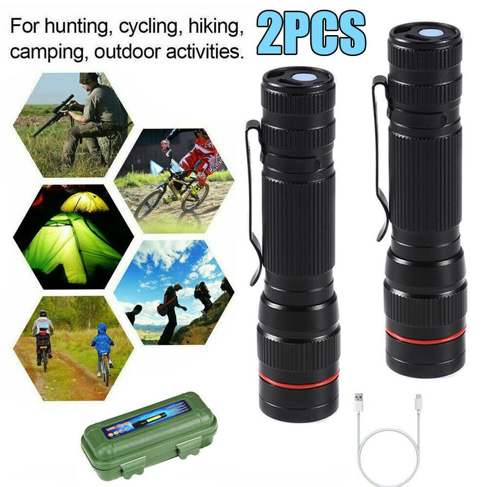 LED Military Flashlight USB Rechargeable Tactical Zoom Torch Most Powerful Mini Pen Light