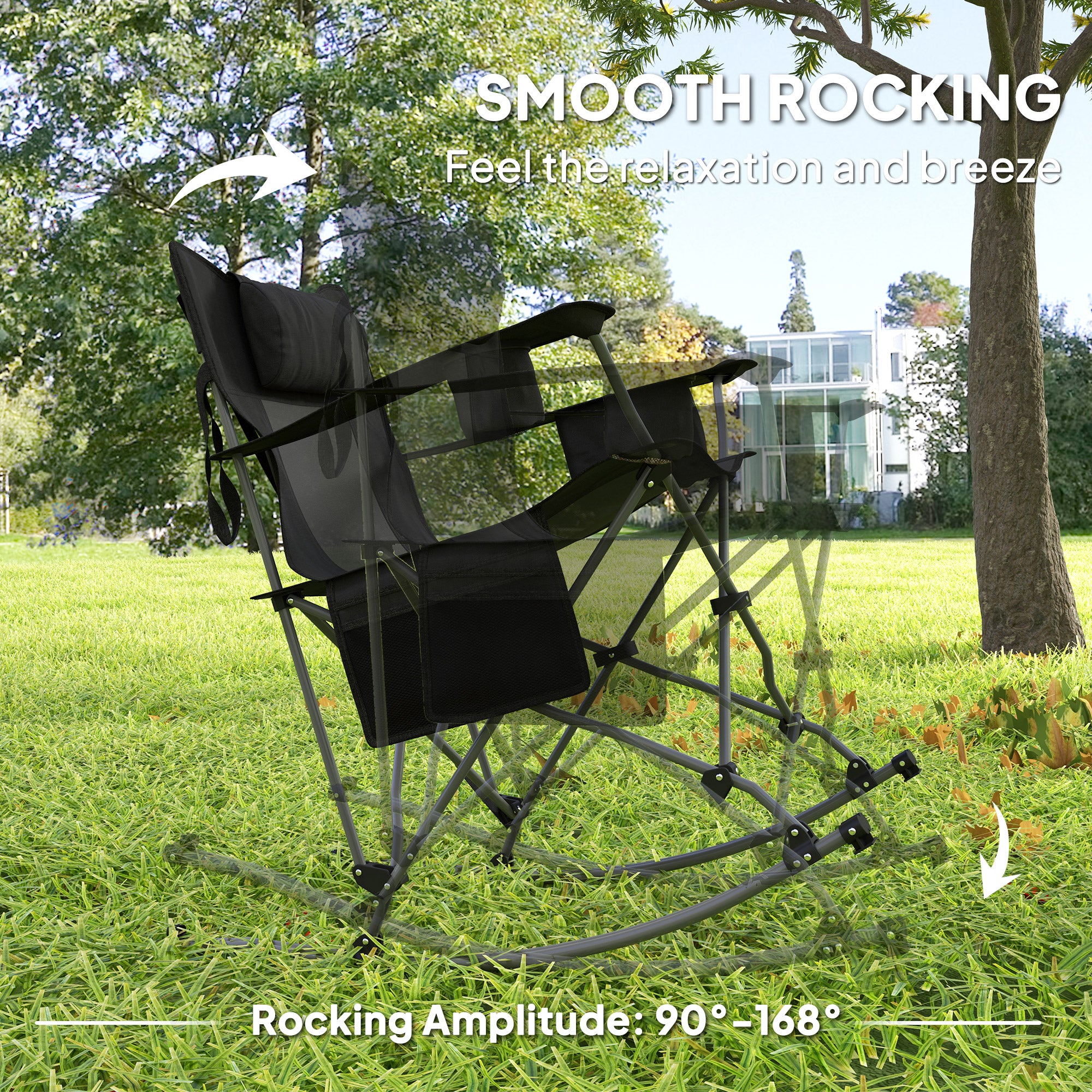 Folding Rocking Camping Chairs, Portable Chairs With Headrest, Cooler Bag, Cup Holder, Carry Bag, 2 Pack, Black