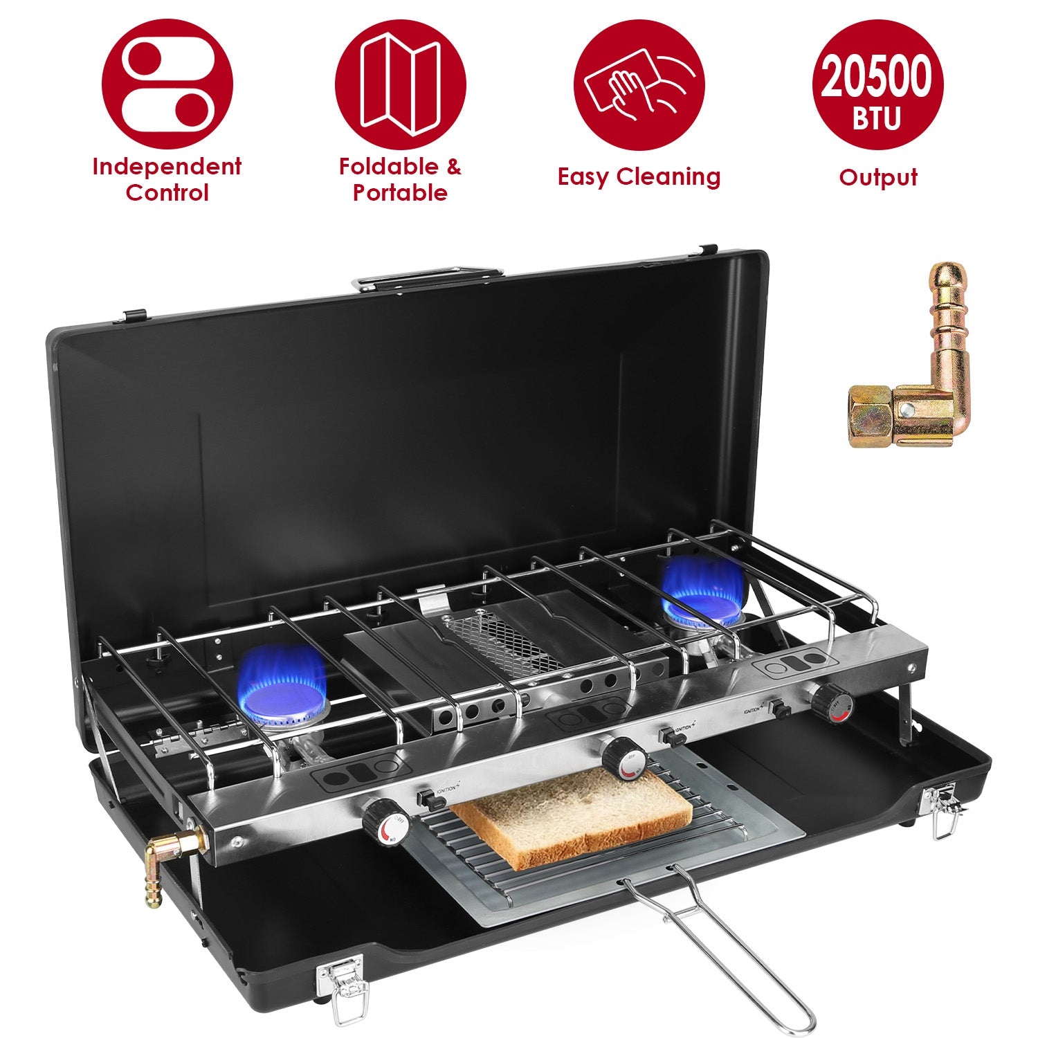3 Burner Camping Stove 20000 BTU Portable Foldable Propane Stove With Toast Tray Windshield Portable Handle Outdoor Cooking Gas Stove For RV Camping BBQ Picnic